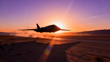 A new stealth jet flies low over the vast desert at sunset.