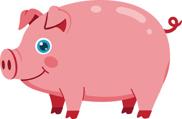 Cute cartoon pig vector illustration, pink farm animal character, cheerful piglet design, children’s book mascot, cad drawing flat vector illustration