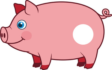 Cute cartoon pig vector illustration, smiling farm animal character, children’s media design, playful pose, cad drawing flat vector illustration