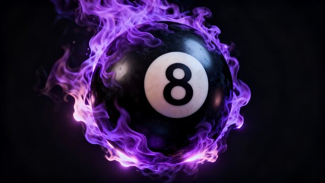 Magic Eight Ball in Purple Flames. A striking image of a black billiard ball with the number eight covered in mysterious purple flames on a black background.