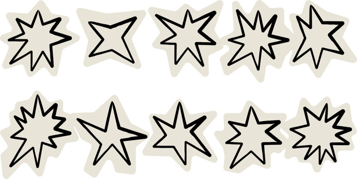 A set of ten hand-drawn starburst and explosion shapes with thick black outlines and a subtle beige background fill, perfect for comic book art.