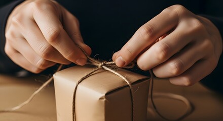 Obraz premium Close-up of hands carefully tying a piece of brown twine or string around a plain kraft paper gift box for wrapping