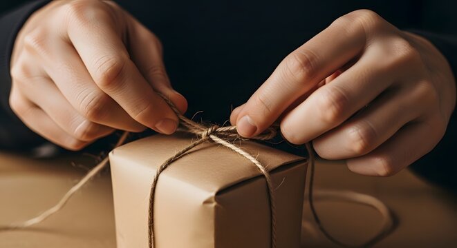 Close-up of hands carefully tying a piece of brown twine or string around a plain kraft paper gift box for wrapping