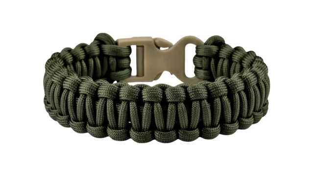 Explore the Outdoors with a Durable Green Paracord Survival Bracelet, Perfect for Adventurers and Preparedness Enthusiasts, Stylish and Practical Gear isolated on white or transparent png.