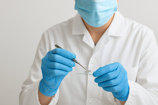 Scientist or Doctor Preparing Sample on Microscope Slide in Laboratory.