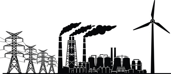 Energy infrastructure silhouette, power transmission towers, industrial factory pollution, renewable wind turbine, sustainable electricity production, 