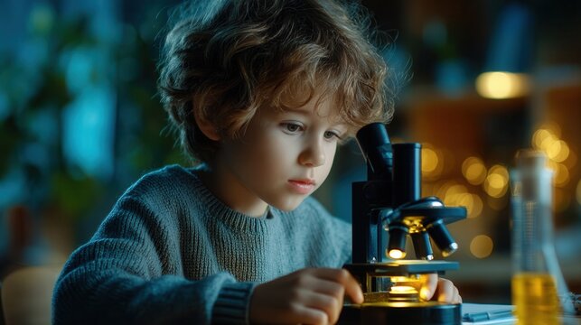 Young curious mind exploring science with microscope, igniting a passion for learning and discovery in a cozy, educational environment