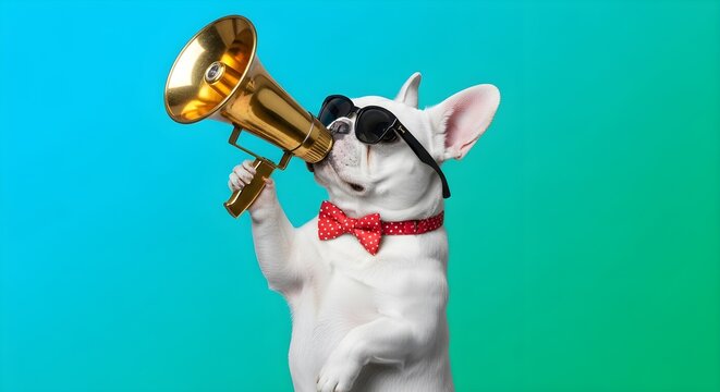 Small white french bulldog wearing black sunglasses and a red polka dot bow tie shouting into large golden megaphone against turquoise background - Powered by Adobe