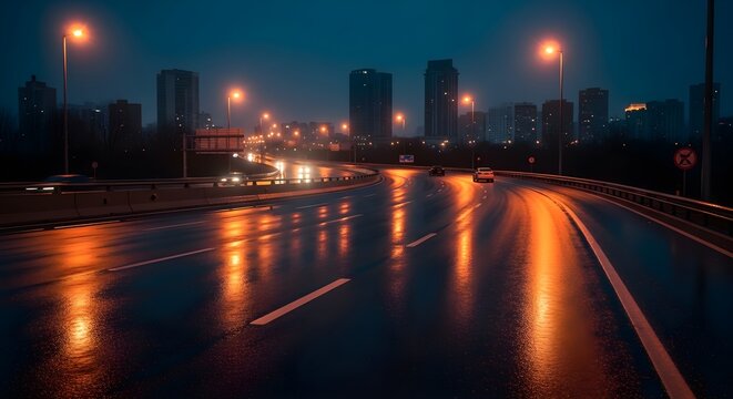Rain-slicked urban highway at night, city lights reflecting vividly on the wet asphalt, creating a moody and vibrant atmospheric scene with a modern allure