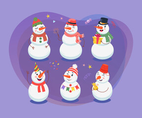 Cute snowman cartoon characters vector illustrations set, Purple background 