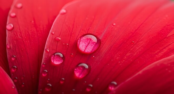 Extreme close-up of fresh water droplets resting on the vibrant, velvety surface of a deep red flower petal, showcasing texture and detail - Powered by Adobe