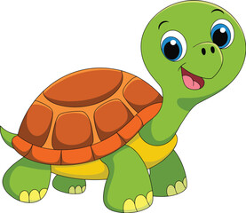 Happy cartoon turtle, green body, brown shell, blue eyes, smiling expression, children’s character, vector animal illustration, playful design