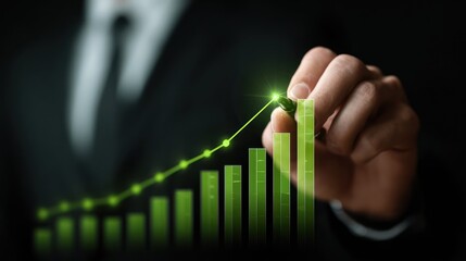 A person in a suit draws an upward line on a rising green bar graph