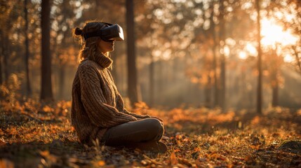 A person in a sweater sits in a forest, wearing a VR headset, with autumnal foliage