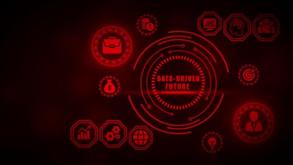 Futuristic red digital interface with data driven future text and business icons technology - Powered by Adobe