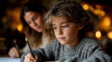 Adorable young boy concentrating on homework with mother helping in cozy, warm light - capture the feeling of family support and childhood learning
