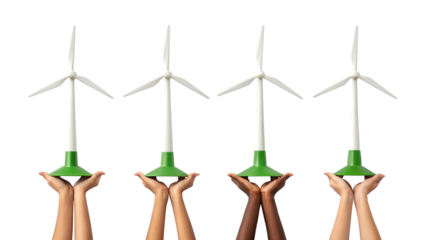Peoples hands holding miniature wind turbines, isolated on transparent background isolated on transparent background