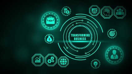 Teal digital interface with transforming business text and business icons technology - Powered by Adobe