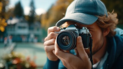 Photographer focusing vintage camera lens outdoors, capturing memories and moments, ideal for travel blogs, photography courses, or creative projects