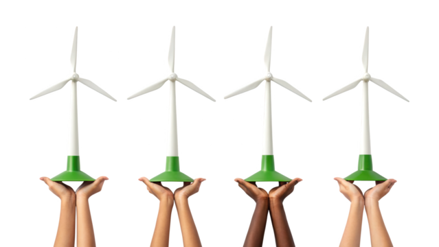 Peoples hands holding miniature wind turbines, isolated on transparent background isolated on transparent background