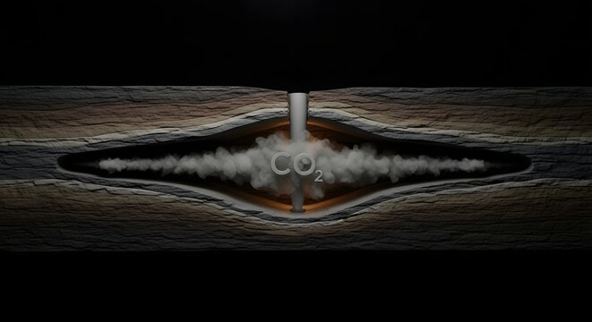 3D render of Carbon Capture and Storage (CCS) showing CO2 gas being injected deep underground into rock strata