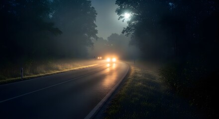 Luminous headlights pierce through the heavy, atmospheric night fog on a winding forest road, casting soft, blurred light and creating a moody, blue-toned ambiance beneath a distant, mysterious glow