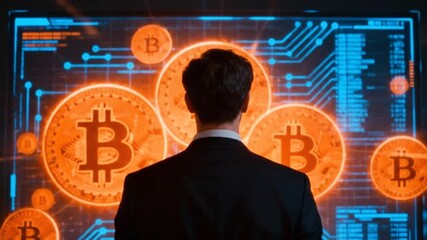 Businessman looking at digital bitcoin currency market chart on screen - Powered by Adobe