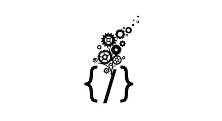 Creative coding concept with gears and symbols emerging from brackets.