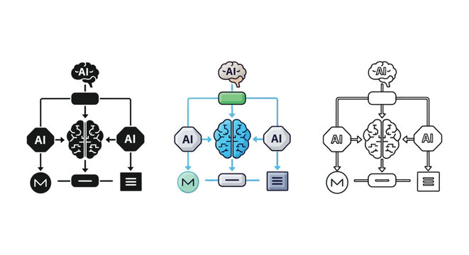 Set of three AI flowchart icons showing brain data processing