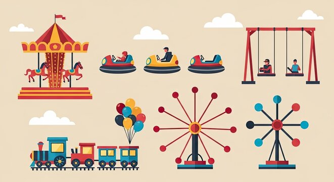 Amusement park and carnival attractions vector illustration set.