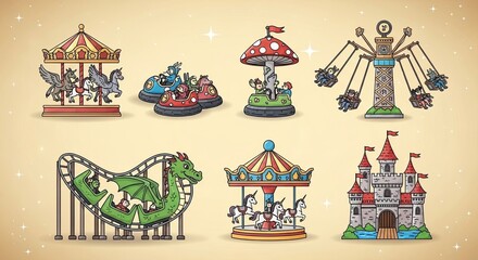 Amusement Park Miniature Models - Carousel, Roller Coaster, and Castle.