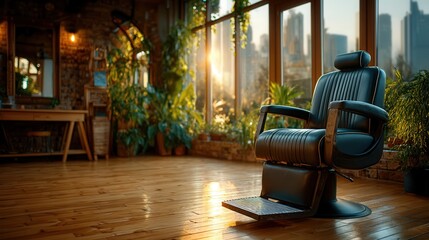 Elegant barber chair bathed in sunlight awaits its next client in a modern studio with city views and plants, promising a relaxing grooming experience