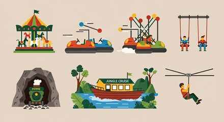 Amusement Park Rides and Attractions Collection Flat Design.