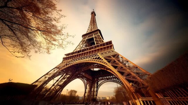 Eiffel Tower viewed at dramatic sunset
