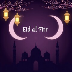 Eid al fitr celebration with crescent moon lanterns and mosque silhouette