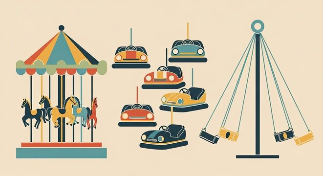 Amusement Park Rides - Carousel, Bumper Cars, and Swing Ride Illustration. - Powered by Adobe