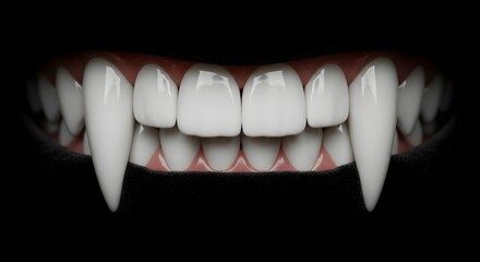 A frightening and glossy close-up render of white vampire fangs and teeth with pink gums on a solid black background, ideal for Halloween