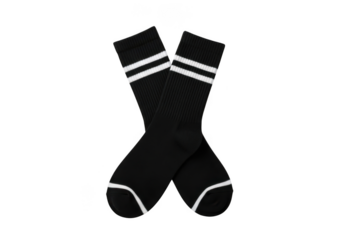 Pair of black athletic socks with white stripes, isolated on transparent background
