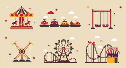 Amusement Park Rides Collection Flat Design Illustration.