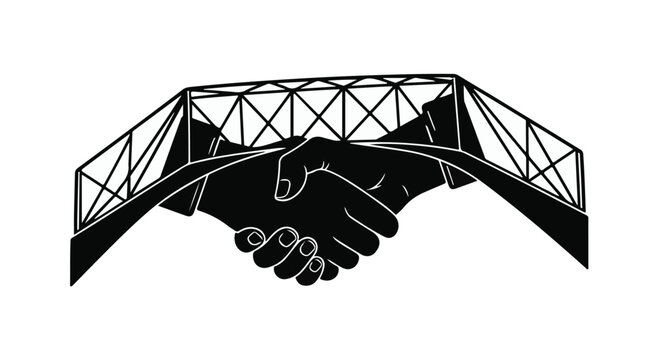 Symbolic handshake under a bridge represents partnership and connection