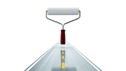 Paint roller creating a new road with yellow dashed lines, isolated on transparent background isolated on transparent background