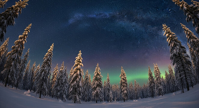 Breathtaking aurora borealis dances above snowy winter forest under a starlit sky, perfect for travel inspiration and stunning nature visuals