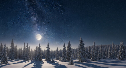 Enchanting winter wonderland scene with snow-covered trees under a bright moon and starry sky, perfect for holiday promotions and winter travel campaigns
