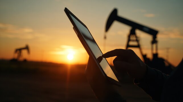 A person uses a tablet in the sunset, oil pumps in the background