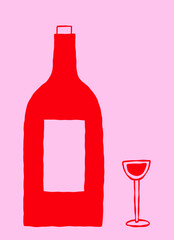 Whimsical Cocktail Wine Bottle and Glass. Hand Drawn Doodle Illustration for Wedding and Poster Decor. Vector Drawing