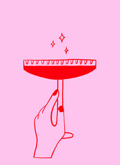 Hand Holding Whimsical Cocktail Martini Glass. Hand Drawn Doodle Illustration for Wedding and Poster Decor. Vector Drawing