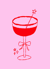 Whimsical Cocktail Martini Glass with Bow and Star. Hand Drawn Doodle Illustration for Wedding and Poster Decor. Vector Drawing