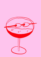 Whimsical Cocktail Martini Glass with Olive. Hand Drawn Doodle Illustration for Wedding and Poster Decor. Vector Drawing