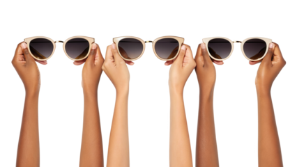 Diverse hands holding stylish sunglasses, isolated on transparent background isolated on transparent background