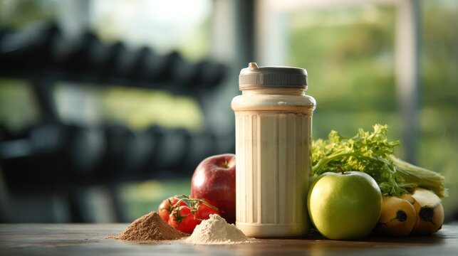 Guide to Healthy Nutrition With Whey Protein Shake and Fresh Fruits at the Gym Counter
